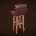 Rustic Brown Leather Bar Stool With Wooden Legs And Cushioned Seat