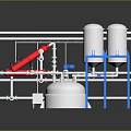 Industrial Process Equipment With White Tanks Red Mechanical Arm Blue Frames And Piping System