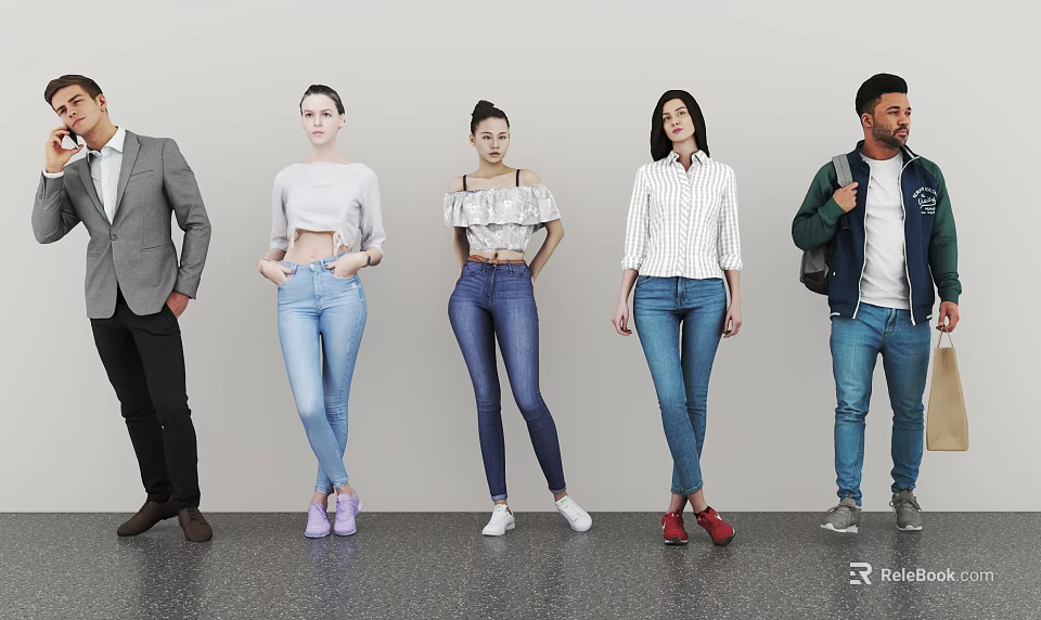 Group of People Standing Together With Different Ages Genders And Clothing Styles Against Grey Background 3d model 