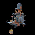 Cartoon Style Floating Lighthouse Structure With Multi Level Platforms And Crates 3d model
