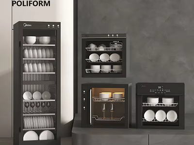 Modern Kitchen Appliances for Dish Storage with Bowls Plates Cups and Various Designs 3d model