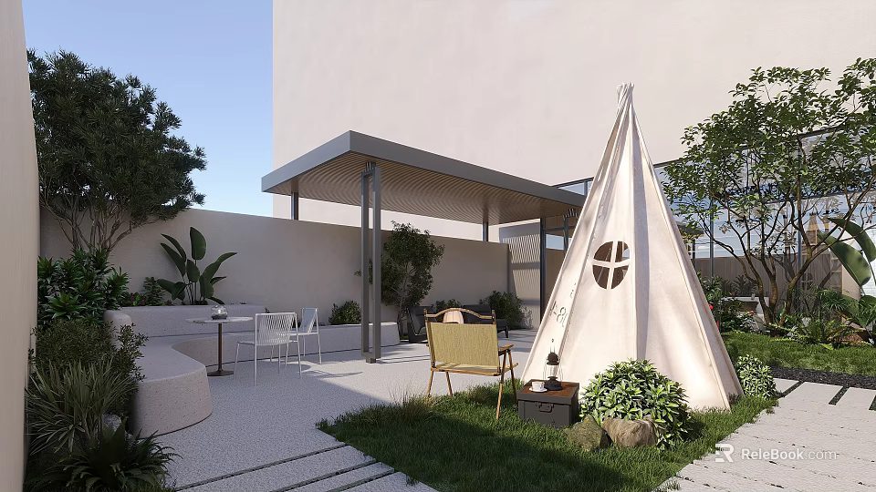 Modern Garden Space With Tepee Outdoor Furniture Green Plants And Covered Patio 3d model 