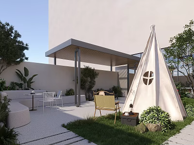 Modern Garden Space With Tepee Outdoor Furniture Green Plants And Covered Patio 3d model