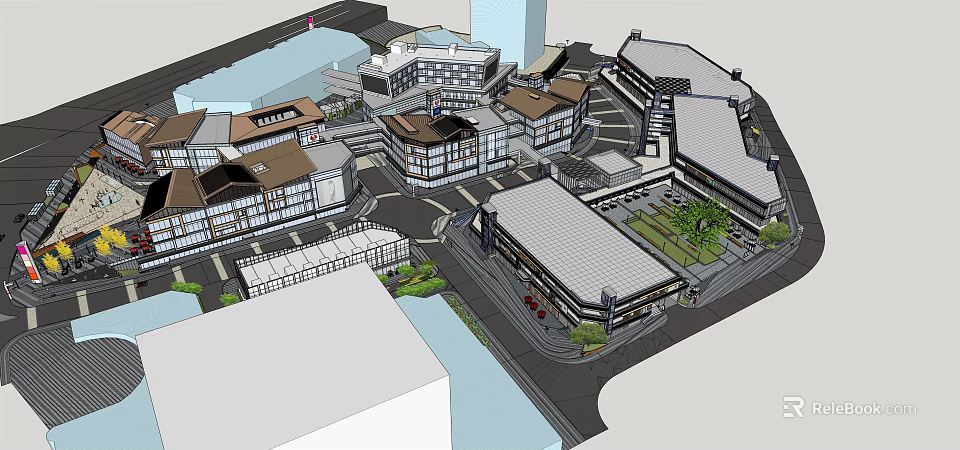 Traditional Modern Commercial Street Design With Multiple Buildings Open Space And Greenery 3d model 