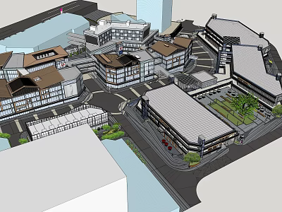 Traditional Modern Commercial Street Design With Multiple Buildings Open Space And Greenery 3d model