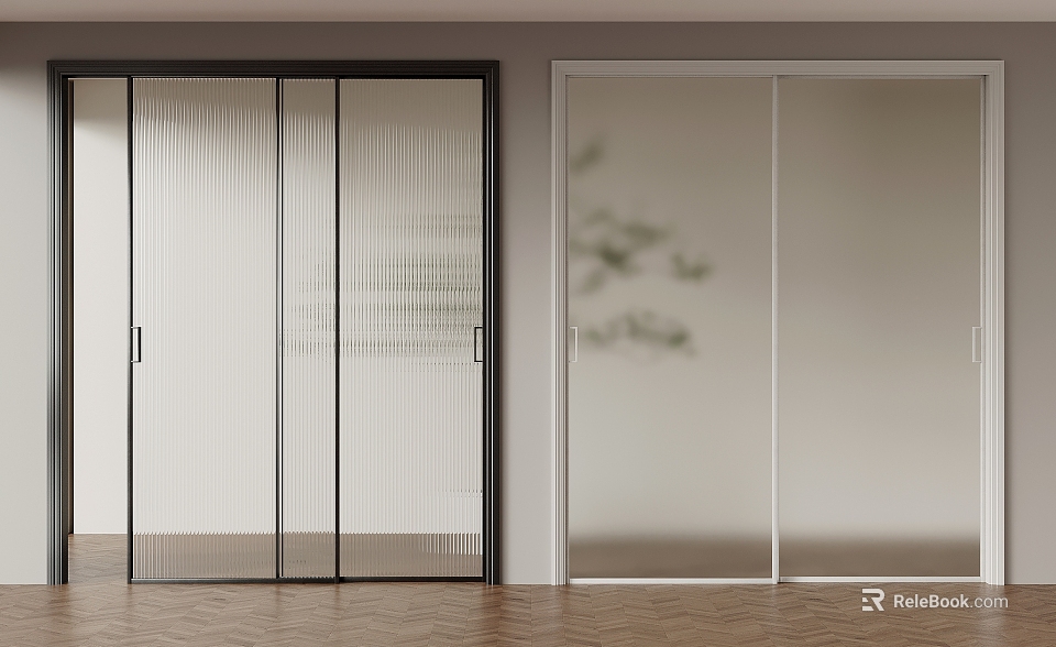 Modern Interior Sliding Doors With Black Frame Ribbed Glass And White Frame Frosted Glass 3d model 