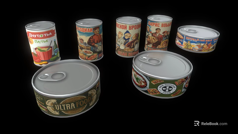 Various Types of Canned Food With Different Brands and Vintage Labels in Classic Metal Containers 3d model 