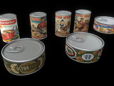 Various Types of Canned Food With Different Brands and Vintage Labels in Classic Metal Containers 3d model
