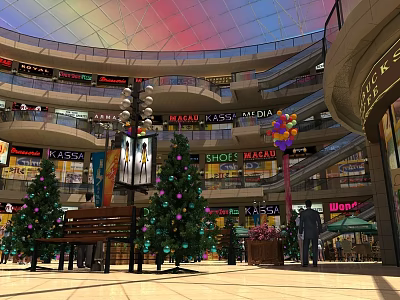 Spacious Mall Interior With Colorful Dome Christmas Decorations Multi Level Stores Benches And Pedestrians 3d model