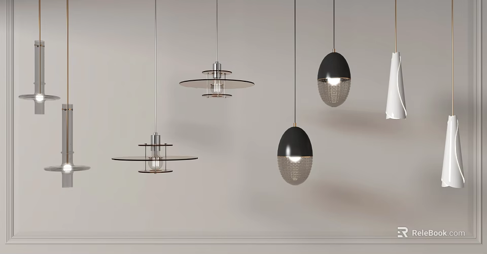 Modern Interior Design With Stylish Pendant Lights In Black White And Mesh Patterns 3d model