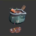 Blue Cooking Pot With Carrot Wooden Spoon And Spilled Soup Stains