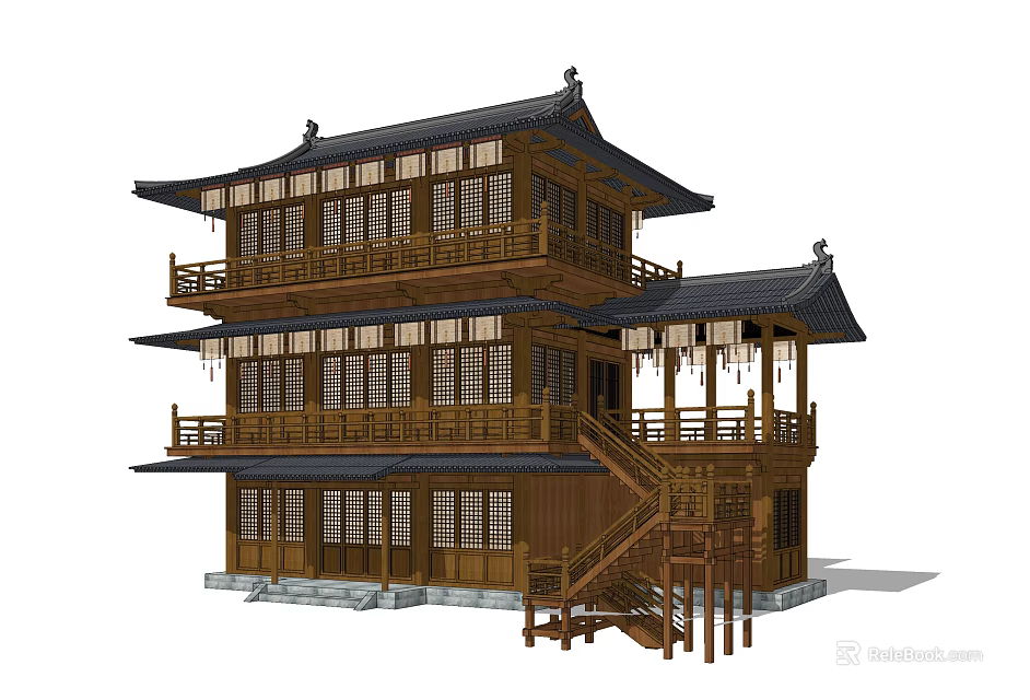 Traditional Chinese Wooden Building Featuring Multi Story Structure Black Tiled Roof And Overhanging Eaves 3d model 
