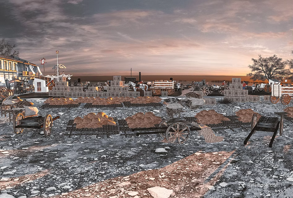 Scenic Construction Site View With Pink Gray Sunset Sky Distant Houses Trees And Wheelbarrows 3d model 
