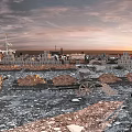 Scenic Construction Site View With Pink Gray Sunset Sky Distant Houses Trees And Wheelbarrows