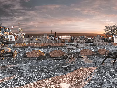 Scenic Construction Site View With Pink Gray Sunset Sky Distant Houses Trees And Wheelbarrows 3d model