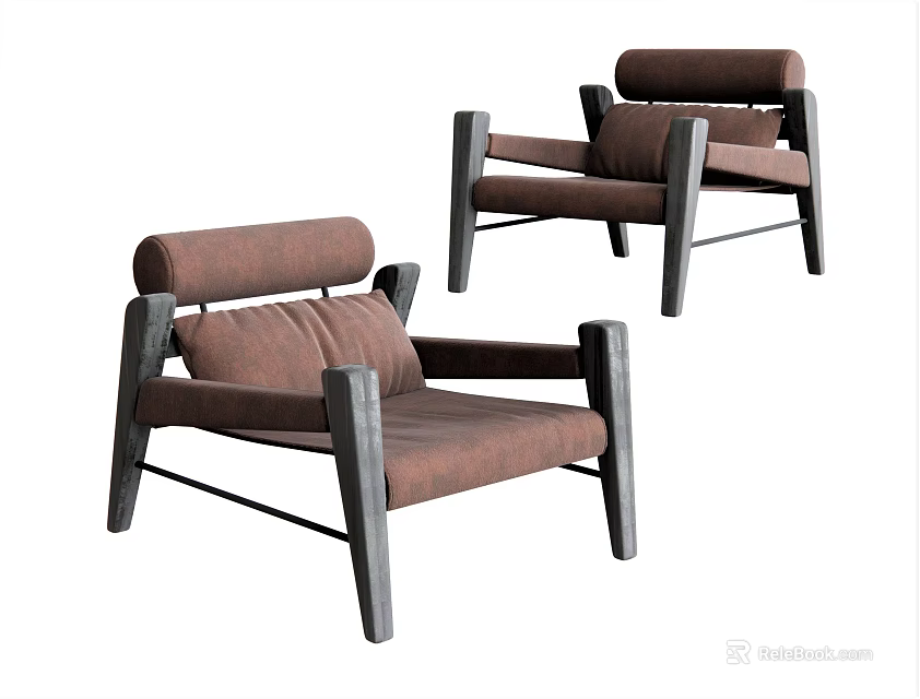 Modern Armchair With Brown Fabric Upholstery Wooden Arms And Metal Frame 3d model 