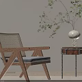 Leisure Chair with Wooden Frame Woven Seat Gray Cushion and Side Table with Green Plant