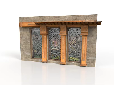 Architectural Facade With Stained Glass Windows Stone Columns Brick Wall And Wooden Trim 3d model