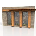 Architectural Facade With Stained Glass Windows Stone Columns Brick Wall And Wooden Trim