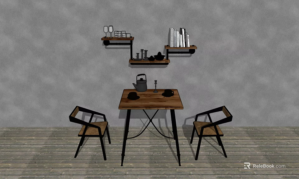 Wooden Dining Table Set With Two Chairs Wall Shelves Glasses Books Decor And Gray Wall 3d model 