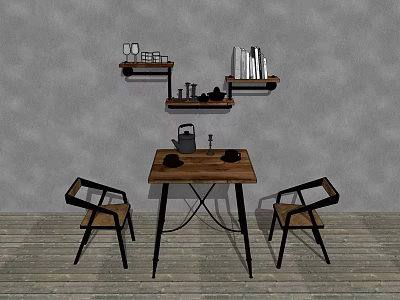 Wooden Dining Table Set With Two Chairs Wall Shelves Glasses Books Decor And Gray Wall 3d model