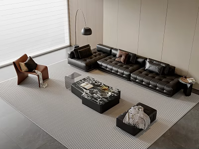 Modern Black Leather L-shaped Sofa and Coffee Table Set with Marble Top and Striped Rug 3d model