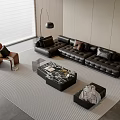Modern Black Leather L-shaped Sofa and Coffee Table Set with Marble Top and Striped Rug