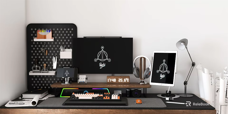 Modern Workspace Setup With Monitor Tablet Headphones Pegboard And Desk Accessories 3d model 