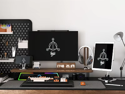 Modern Workspace Setup With Monitor Tablet Headphones Pegboard And Desk Accessories 3d model