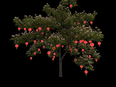 Decorative Tree Adorned with Red Lanterns Green Leaves and Pink Flowers 3d model