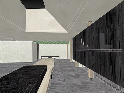 Spacious Sales Office Interior With Black Marble Walls Wooden Accents And Skylight Natural Light 3d model