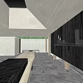 Spacious Sales Office Interior With Black Marble Walls Wooden Accents And Skylight Natural Light