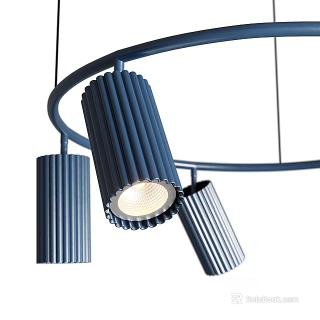 Modern Blue Striped Cylindrical Ceiling Light With Circular Frame And Multiple Lamps 3d model