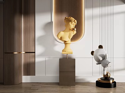 Elegant Modern Interior With Golden Bust Sculpture And White Panda Sculpture On Pedestals 3d model
