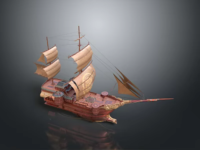 3D Model Of Ancient Sailing Ship With Multiple Sails Wooden Hull And Decorative Details 3d model