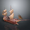 3D Model Of Ancient Sailing Ship With Multiple Sails Wooden Hull And Decorative Details