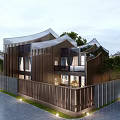 Modern Townhouse With Unique Roof Design And Metal Strip Facade Surrounded By Greenery And Fence