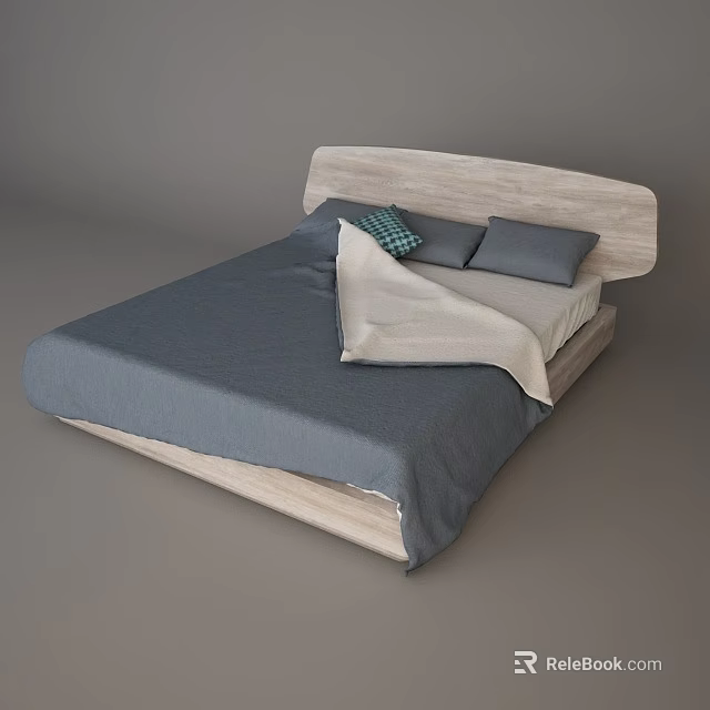 Double Bed With Wooden Headboard Gray Bedspread Plaid And Gray Pillows Light Blanket 3d model 