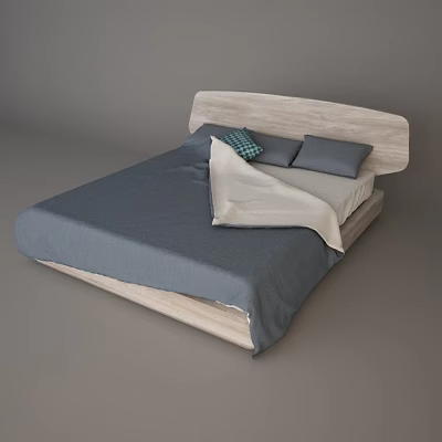Double Bed With Wooden Headboard Gray Bedspread Plaid And Gray Pillows Light Blanket 3d model
