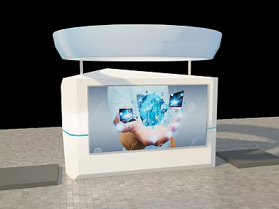 White Exhibition Booth With Curved Canopy Digital Screen Displaying Hands With Tech Graphics And Smartphones 3d model