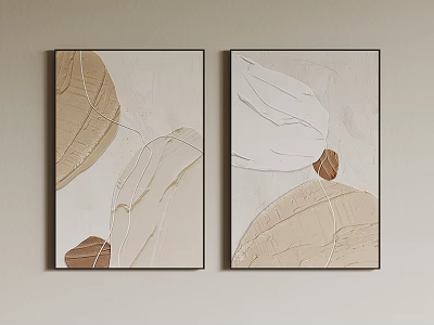 Two Piece Abstract Wall Art With Beige White Brown Leaf Shapes And Black Frames 3d model