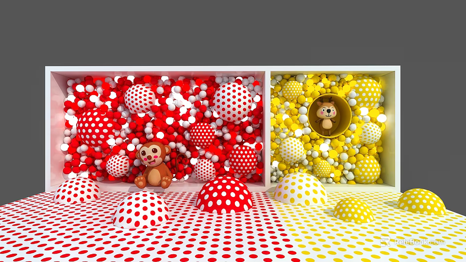 Art Installation With Red Yellow White Polka Dot Balls Mushroom Objects And Small Stuffed Toys 3d model 