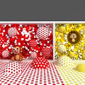 Art Installation With Red Yellow White Polka Dot Balls Mushroom Objects And Small Stuffed Toys