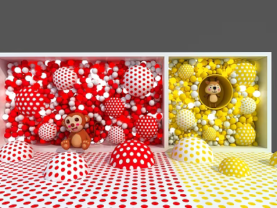 Art Installation With Red Yellow White Polka Dot Balls Mushroom Objects And Small Stuffed Toys 3d model