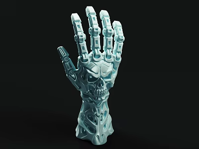Cartoon Style Light Blue Mechanical Hand Sculpture With Detailed Skull Patterns 3d model