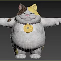 Cute Chubby Cartoon Cat With White Body Brown Spots Golden Hat And Open Arms