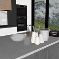 Modern Kitchen Interior With White Counter Black Bowl Glass Vases And Oven View