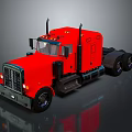 Red Heavy Duty Truck with Black Cab Headlights Exhaust Pipes and Wheels