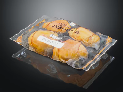 Wrapped Pastry Buns In Transparent Packaging With Label On Black Background 3d model