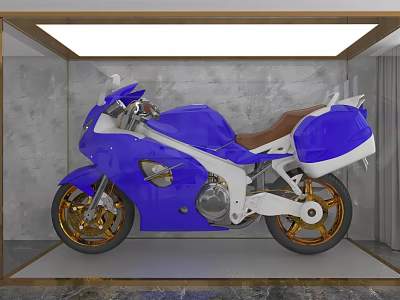 Blue Motorcycle With Brown Seat Gold Wheels And White Accents In Modern Display Room 3d model